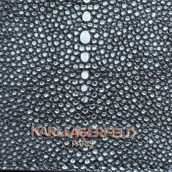 KARL LAGERFELD PARIS STRUCTURED FLAP OVER CROSSBODY CLUTCH BLACK GREY VEGAN - Picture 3 of 14